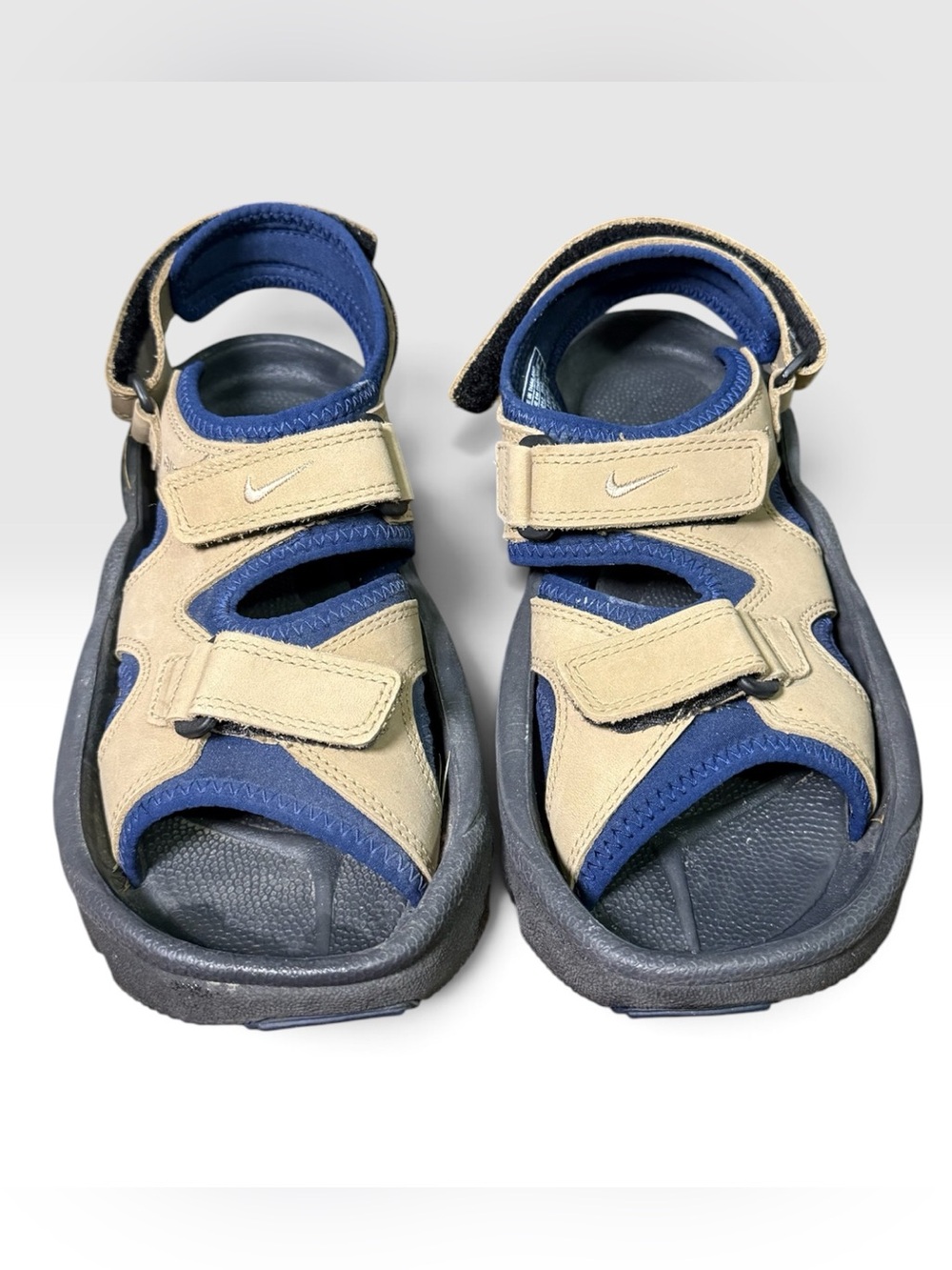Nike Air Golf Sandals Womens 9 Tan Navy Leather Spikes 302135-221 w/ Box